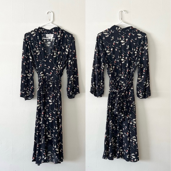 ba&sh Silia Shirred Floral-Print Crepe Dress in Marine LARGE - Picture 4 of 9